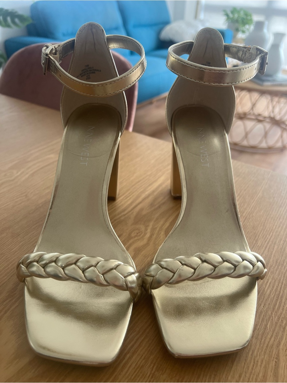 Nine West Gold Braided Ankle-Strap Block Heels